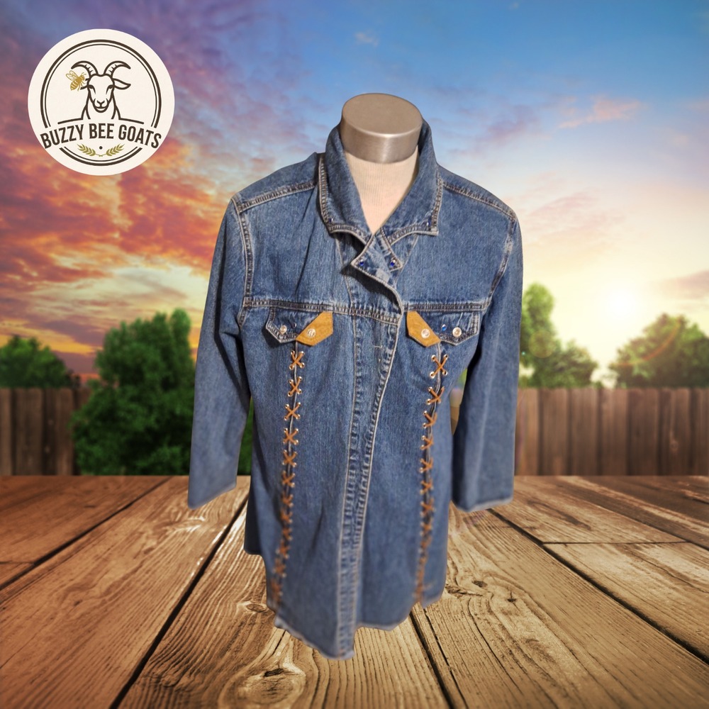 Vintage Ethyl Denim Duster Jacket Womens Western Leather Lace Up Long Coat 90s